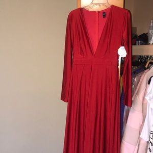 Red v neck long sleeve high split dress